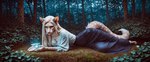 amazing_background anthro bangs blouse blue_clothing bottomwear claws clothing detailed_background digitigrade female fluffy fluffy_tail forest fur hair leopard_spots light_body light_fur long_hair long_tail magic magic_user pendant plant skirt sleeves small_waist solo spots tall thin_eyebrows toe_claws topwear tree white_hair wide_hips yellow_sclera akhiezer felid feline leopard mammal pantherine absurd_res digital_media_(artwork) hi_res