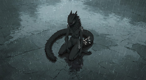 anthro beak black_body black_fur breasts claws eyes_closed featureless_breasts featureless_crotch feet female fluffy fur high-angle_view kneeling kneeling_on_ground long_tail neck_tuft nude puddle raining reflection reflective_surface sad slim small_breasts solo spots spotted_body spotted_fur tuft oldhroft shadow_(oldhroft) avian velari absurd_res hi_res wallpaper