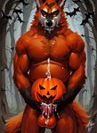 abs animal_genitalia animal_penis anthro balls biceps black_nose bodily_fluids canid canine canine_genitalia canine_penis canis claws cum cum_inside dogarrowtype erection food forest fruit fur genital_fluids genitals glowing glowing_eyes halloween holidays improvised_sex_toy jack-o'-lantern knot looking_at_viewer male mammal multicolored_body multicolored_fur muscular muscular_anthro muscular_male nipples nude orange_body orange_fur outside pecs penis plant pumpkin solo tree tuft wolf