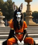 anthro canid canine gold_(metal) gold_jewelry hair hi_res jewelry long_hair male mammal maned_wolf photorealism sitting_on_bench solo