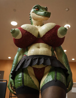 accessory anthro big_breasts big_nipples bottomwear bra breasts clothing female garter genitals green_body green_scales green_skin huge_breasts huge_nipples inside legwear looking_at_viewer nipples orange_eyes panties scaled_breasts scales skirt smile solo stockings underwear dvinzet crocodilian reptile scalie hi_res