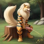 anthro big_penis bodily_fluids fur genital_fluids genitals half-closed_eyes looking_pleasured male narrowed_eyes orange_body orange_fur peeing penis sitting solo stripes tongue tongue_out urine watersports tyrena arcanine generation_1_pokemon pokemon_(species)