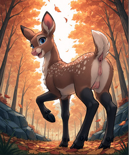 autumn blue_eyes brown_body cervine_anus cervine_pussy cloven_hooves deer_ears deer_nose dewclaw_hooves falling_leaves female feral happy hooves leaf looking_at_viewer looking_back looking_back_at_viewer low-angle_view multicolored_body one_leg_up raised_leg raised_tail rear_view scut_tail short_tail solo teats two_tone_body underhoof nightdancer parfait_(nightdancer) cervid mammal hi_res