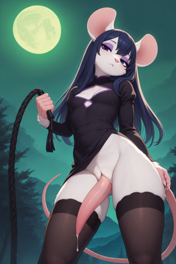 animal_genitalia animal_penis anthro big_penis black_clothing black_dress black_legwear black_thigh_highs black_whip blue_eyebrows blue_eyes blue_hair bodily_fluids breasts claws cleavage_cutout clothing dress eyebrows eyelashes eyeshadow fog front_view fur genital_fluids genital_slit genitals gynomorph hair half-closed_eyes head_tilt holding_object holding_whip intersex legwear long_hair long_penis makeup mouse_ears mouse_tail narrowed_eyes outside penis pink_nose plant precum purple_eyeshadow slit small_breasts solo standing tapering_penis thigh_highs tree whip white_body white_claws white_fur yellow_moon oarebt mammal mouse murid murine rodent 2026 absurd_res hi_res portrait three-quarter_portrait
