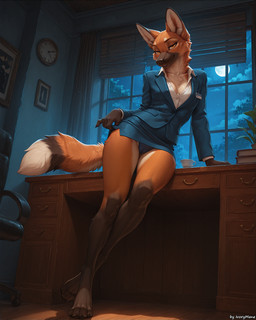 anthro blue_clothing blue_panties blue_underwear bottomwear breasts cleavage clothed clothing desk female fur furniture looking_at_viewer miniskirt narrowed_eyes night office office_clothing orange_body orange_fur panties presenting shirt skirt solo table topwear tuft underwear ivorymane lucy_(ivorymane) canid canine mammal maned_wolf hi_res watermark