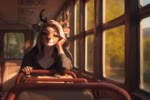 anthro antlers brown_body brown_fur clothing female fur green_eyes hair hoodie horn inside looking_away sitting smile solo spots topwear tuft white_body white_hair gren_art cervid mammal animated webm