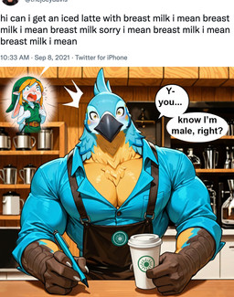 anthro apron barista beverage clothing coffee coffee_cup coffee_shop container cup duo male muscular muscular_male twitter flanwithaplan_(director) breath_of_the_wild i_mean_breast_milk nintendo the_legend_of_zelda kass_(tloz) link link_(rabbit_form) avian lagomorph leporid mammal rabbit rito hi_res meme