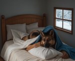 anthro bed bedding blanket brown_body brown_fur fur furniture inside looking_at_viewer male on_bed pillow smile smiling_at_viewer snow snowing solo under_covers window locksnap canid canine canis domestic_dog german_shepherd herding_dog mammal pastoral_dog