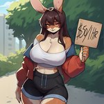 anthro big_breasts bottomwear breasts brown_body brown_fur brown_hair building clothing crop_top female fur hair holding_object holding_sign huge_breasts looking_at_viewer midriff outside park plant red_eyes shirt shorts sign solo text top_(disambiguation) topwear tree wheel_of_fortune lagomorph leporid mammal rabbit comic