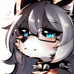 ambiguous_gender black_sclera blue_eyes blush bust_portrait canid canine chesapeake collar eri_(chesapeake) eyewear fox fur glasses grey_body grey_fur grey_hair hair hi_res long_hair mammal portrait red_fox silver_fox solo spiked_collar spikes