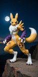 3_fingers 3_toes anthro armwear athletic black_sclera blue_eyes breasts bridal_gauntlets claws cliff clothing digitigrade featureless_breasts featureless_crotch feet female fingers moon night sky solo star toes knotty_sergal digimon_(species) renamon absurd_res hi_res wallpaper