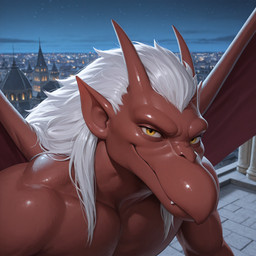 anthro city city_background hair horn humanoid_pointy_ears looking_at_viewer male membrane_(anatomy) membranous_wings realistic red_body smile solo white_hair wings yellow_eyes atrociraptor_(director) gargoyles brooklyn_(gargoyles) gargoyle scalie absurd_res hi_res