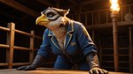 5_fingers anthro beak breasts claws cleavage clothed clothing detailed_background feathers female fingers fire furniture grinasa inside jumpsuit non-mammal_breasts solo suit table vault yellow_beak avian bird falcon falconid gryphon mythological_avian digital_media_(artwork) hi_res