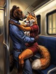 anthro breasts canid canine cattorihanzo clothed clothing duo female fluffy fluffy_tail fox hi_res interspecies male male/female mammal medium_breasts public sex stable_diffusion standing straddling ursid