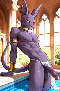 anthro athletic athletic_male balls big_ears black_pupils bottomwear bracelet clothing ear_piercing ear_ring genitals gold_(metal) half-erect half-erect_penis jewelry loincloth looking_at_viewer male nipples penis piercing pool pupils purple_body ring_piercing solo tail translucent translucent_clothing yellow_sclera maxoggami dragon_ball dragon_ball_super beerus