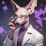 abstract_background anthro autismmix_sdxl autismmix_sdxl_pony big_ears claws clothing coat eyewear glasses hairless hand_on_glasses lab_coat male notched_ear pink_nose pony_diffusion_(model) purple_clothing purple_eyes smile smirk solo teeth topwear doctorwhut professor_callisto domestic_cat felid feline felis hairless_cat mammal sphynx_(cat)