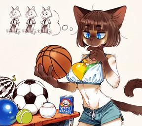 anthro ball balloon baseball_(ball) basketball blue_eyes bottomwear bra bra_stuffing brown_hair clothed clothing crossdressing femboy food furniture hair hand_on_chin inflatable inner_ear_fluff male plant prick_ears school_uniform shorts soccer_ball solo table tennis_ball thought_bubble tuft underwear uniform vegetable anonymous_director invoke_high felid feline mammal hi_res