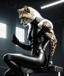 anthro cheetah clothing felid feline gym hi_res leather leather_clothing leggings legwear male mammal nipple_outline sitting_on_table solo tight_clothing