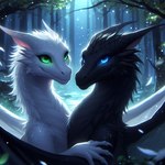 black_body blue_eyes dragon duo embrace female feral forest forest_background green_eyes loganth male male/female nature nature_background night plant romantic romantic_couple tree white_body wings