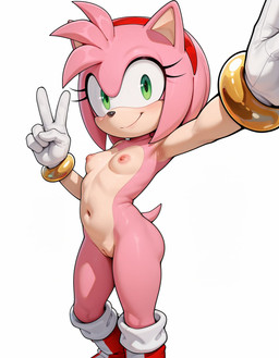 anthro areola breasts clothing female footwear genitals gloves handwear mostly_nude nipples pussy selfie simple_background smile smiling_at_viewer solo anonymous_director sega sonic_the_hedgehog_(series) amy_rose eulipotyphlan hedgehog mammal hi_res