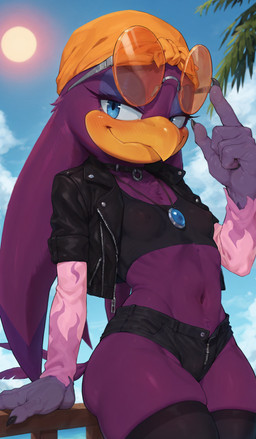 anthro bandanna beak belly blue_eyes blush bottomwear choker claws clothing crop_top day eyelashes eyeshadow eyewear female glasses hotpants jacket jewelry kerchief leaning leaning_back leather leather_clothing leather_jacket leather_topwear legwear light makeup navel necklace nipple_outline outside pendant shirt shorts sleeves slim_female smile solo standing sun sunlight thick_thighs thigh_highs topwear wide_hips chamir136_(director) wave_the_swallow avian humanoid hi_res