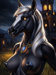 anthro areola black_body black_fur breasts cattorihanzo equid equine female fur glowing glowing_eyes hair hi_res horse jewelry large_breasts mammal necklace nipples nude outdoors outside seductive solo stable_diffusion white_hair