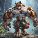 abs angry anthro barely_contained biceps big_fangs big_muscles bulge clothing digitigrade huge_muscles looking_at_viewer male muscular muscular_male no_pupils orange_eyes outside pecs solo torn_clothing veiny_muscles water beast_(disney) hi_res