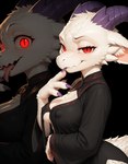 4_fingers big_breasts black_background black_clothing breasts claws cleavage clothed clothing eyelashes female female_anthro finger_claws fingers forked_tongue fur horn horny licking looking_at_viewer medium_breasts mythology nipple_outline non-mammal_breasts pupils red_eyes scales seductive side_view simple_background slit_pupils smile solo tail tongue tongue_out tuft white_body white_fur white_scales zoom_layer fluffscaler hymonie_fluffscale(fluffscaler) dragon furred_dragon furred_scalie kobold mythological_creature mythological_scalie scalie hi_res shaded