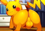 all_fours animal_genitalia anus balls blush butt feral fully_sheathed furniture genitals looking_at_viewer male on_ground presenting presenting_anus presenting_balls presenting_hindquarters presenting_sheath sheath smile solo jomisa nintendo pokemon generation_1_pokemon pikachu pokemon_(species)