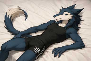 anthro bed black_bottomwear black_clothing black_shorts black_topwear blue_body blue_eyes blue_fur bottomwear clothing fur furniture lying lying_on_bed male on_bed shorts solo topwear