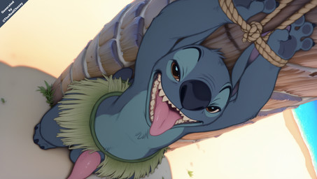 anthro arms_tied beach beach_background bedroom_eyes bound disney genitals grass_skirt male narrowed_eyes penis seaside seductive solo tapering_penis tongue tongue_out chase_summerfield lilo_and_stitch stitch_(lilo_and_stitch) hi_res