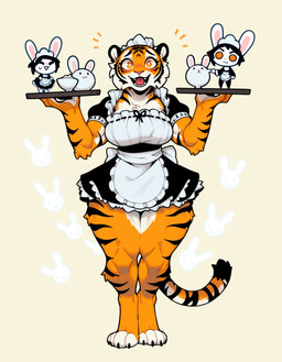 4_toes anthro apron big_breasts black_body black_fur breasts claws clothed clothing countershading digitigrade feet female fur group hair holding_object looking_at_viewer maid_headdress maid_uniform multicolored_body muscular open_mouth open_smile orange_body orange_eyes orange_fur simple_background smile solo standing striped_body striped_fur stripes tail teeth thick_thighs toes uniform white_body white_fur wide_hips anotheranon felid lagomorph mammal pantherine tiger hi_res
