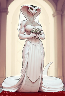 anthro apode armwear belly_scales bouquet breasts bridal_gauntlets clothing dress female green_eyes grey_body grey_scales holding_object inside legless non-mammal_breasts pupils scales serpentine slit_pupils snake_hood solo tail wedding_dress wedding_veil white_clothing zaddha agent_torque draconcopode naga reptile scalie snake viper_(x-com) absurd_res hi_res