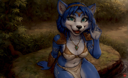 anthro armor blue_body blue_fur blue_hair bottomwear breasts clothing female fur hair jewelry loincloth looking_at_viewer medium_breasts necklace open_mouth raised_hand sitting smile smiling_at_viewer solo tribal tribal_armor ilovekrystal nintendo star_fox krystal_(star_fox) canid canine fox mammal absurd_res hi_res