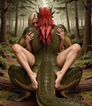 anthro blonde_hair duo feathers female female_on_anthro forest green_body green_scales hair human_on_anthro interspecies male male/female obscured_penetration plant red_body red_feathers scales spread_legs spreading tree vermilion888 human lizardman mammal reptile scalie absurd_res hi_res