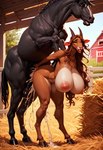 ambiguous_penetration anthro anthro_on_feral barn bestiality big_breasts black_hooves bodily_fluids breasts cum farm female feral genital_fluids hay hooves male male/female nipples penetration tongue tongue_out sanyasralker bovid caprine equid equine goat horse mammal absurd_res hi_res