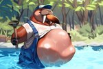 anthro belly big_belly clothed clothing disney duo fur male oral outside overalls overweight overweight_male plunger shirt smile topwear tusks vore water white_clothing white_shirt white_topwear contextualcritters zootopia nick_wilde canid canine fox mammal marine pinniped walrus