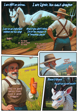 5_fingers annoyed antlers back_spikes blue_eyes blurred_background blush carrot clothed clothing dialogue duo eating embarrassed farmer feral fingers food forest forest_background hair horn male mythology nature nature_background nude outside peasant plant pupils scales slit_pupils spikes spikes_(anatomy) standing text tree vegetable white_body white_scales nonimousmate ignir_(nonimousmate) cervid dragon human hybrid mammal mythological_creature mythological_scalie scalie comic english_text hi_res