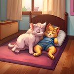 absurd_res ambiguous_gender anthro bedroom clothed clothing cub cuddling curtains day domestic_cat duo eyes_closed felid feline felis floor friends hi_res inside lying mammal nude on_back on_side pillow sleeping smile twinklespark window young