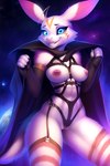 abs absurd_res anthro athletic athletic_anthro breasts cape cloak clothing female fur genitals harness hi_res hybrid looking_at_viewer markings nipples nude pink_body pink_fur pussy shroomie smile solo space