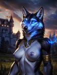 anthro blue_eyes breasts canid canine canis cattorihanzo female glowing glowing_eyes hi_res jewelry mammal medium_breasts necklace nipples nude outdoors outside seductive smile solo stable_diffusion wolf