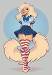 anthro bottomwear clothing female legwear long_tail looking_at_viewer miniskirt paws school_uniform skirt solo standing stockings uniform foxlover7796 mirta canid canine canis domestic_dog hunting_dog mammal saluki sighthound hi_res