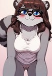 anthro baggy_clothing blush bodily_fluids breasts cleavage clothed clothing dripping eyewear female genital_fluids genitals glasses looking_at_viewer pussy pussy_juice solo sparkling_eyes daryexai leanna_(daryexai) mammal procyonid raccoon hi_res