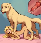 anthro blonde_hair bodily_fluids cum cum_inside doggystyle female female_on_feral feral from_behind_position fur genital_fluids hair knotting looking_pleasured male male/female nude open_mouth red_eyes sex side_view tongue tongue_out yellow_body yellow_fur mila_minx canid canine canis domestic_dog mammal mink mustelid musteline true_musteline hi_res