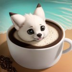 ambiguous_gender arctic_fox beverage big_eyes canid canine coffee container cup feral fluffy fox fur mammal nelepus partially_submerged solo swimming white_body white_fur