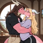 abs anthro big_breasts blonde_hair breasts brown_belt brown_hair clothing duo embrace eyes_closed eyewear female glasses green_eyes hair horn hug incest_(lore) khaki_pants kissing lidded_eyes long_hair male male/female muscular mythology pink_body pink_scales round_glasses scales shirt slightly_chubby sweater sweatpants thick_thighs topwear turtleneck white_horn wide_hips zackfox kalur_chauraussir_(zackfox) dragon mythological_creature mythological_scalie scalie