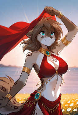 anthro armband backlighting belly_dancer big_breasts blue_eyes bracelet breasts brown_hair chest_tuft cleavage clothed clothing collar day female flower fur gem grey_body grey_fur hair jewelry light medium_hair midriff nature outside plant prompt raised_arm smile solo standing tuft water white_body white_fur touchmesoftly twokinds kathrin_vaughan canid canine felid feline hybrid mammal 2025 hi_res lighting portrait three-quarter_portrait