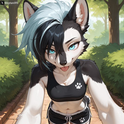 anthro black_body black_fur blue_eyes blue_hair clothing crop_top dolphin_shorts female flat_chested footprint fur hair leaning leaning_forward outside park pawprint punk_hair shirt solo tongue tongue_out topwear white_body white_fur weytani99 skye_(weytani99) canid canine canis domestic_dog husky mammal nordic_sled_dog spitz