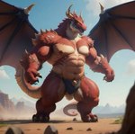 anthro bottomwear claws clothing detailed_background fur horn loincloth long_tail macro male muscular muscular_anthro muscular_male nipples solo spread_wings wings sexyfoxycat dragon furred_dragon hi_res