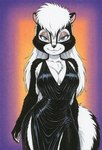 black_clothing black_dress blue_eyes breasts cleavage clothed clothing dress female lidded_eyes looking_at_viewer simple_background standing nnam_si3 natasha_(jmh) mammal mephitid skunk hi_res portrait